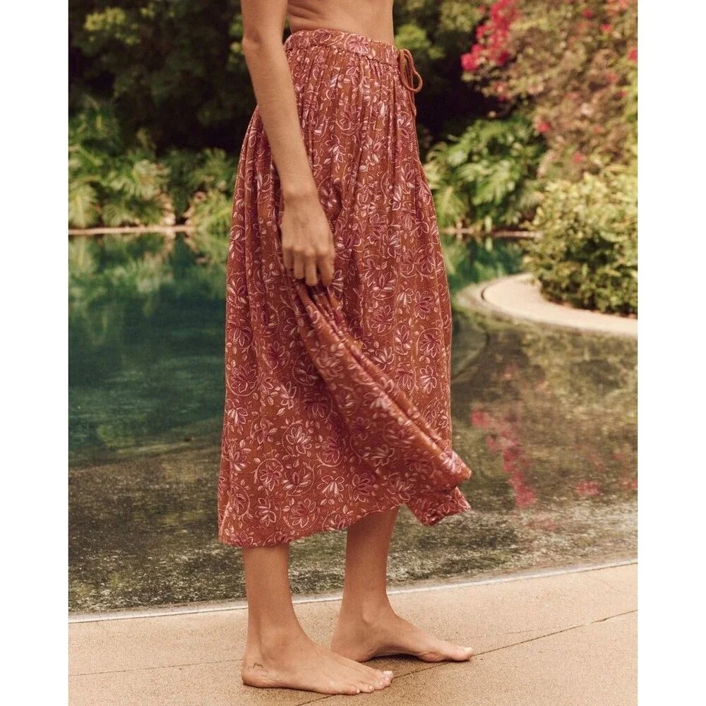 The Great. The Ripple Midi Skirt Floral Printed Beach Pull-On Cotton S-1 272242